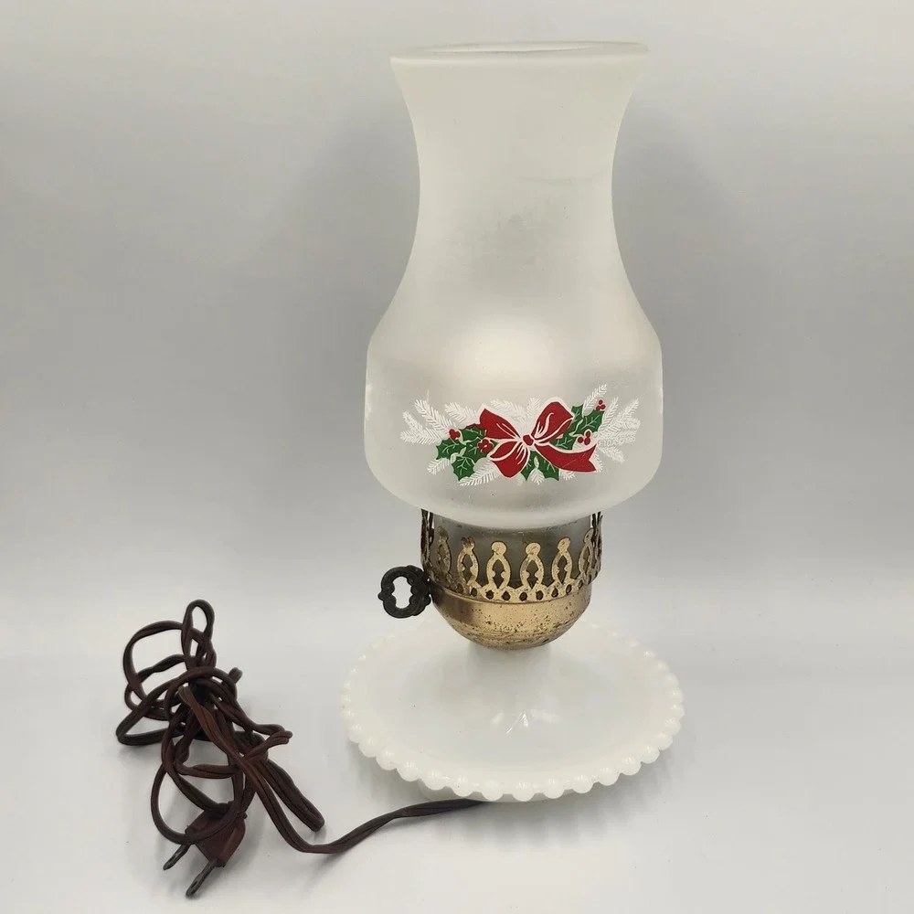 Leviton Vintage Christmas Hurricane Lamp Milk Glass Hobnail Frosted Holly Bow